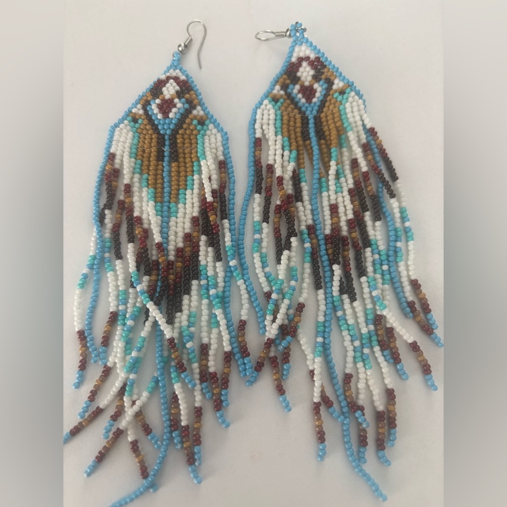 Elegant Beaded Dangle Earrings in Blue, Brown, and White